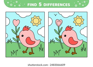 Find 5 differences. Cute nestling and flower. Game for kids. Cartoon, vector