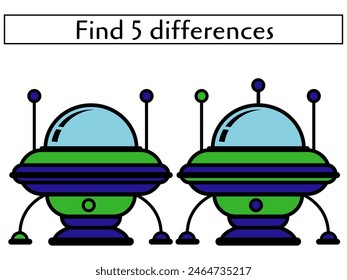 Find 5 differences in cute UFO spaceships, educational page for kids creativity