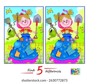 Find 5 differences. Drawing of the cute smiling garden scarecrow. Logic puzzle game for children and adults. Page for kids brain teaser book. Hand drawn flat vector illustration.