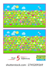 Find 5 differences. Drawing of a spring meadow with flowers. Logic puzzle game for children and adults. Page for kids brain teaser book. IQ test for smartest. Game find and search. Hand drawn vector.
