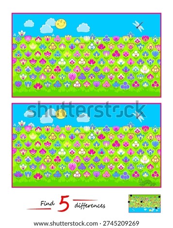 Find 5 differences. Drawing of a spring meadow with flowers. Logic puzzle game for children and adults. Page for kids brain teaser book. IQ test for smartest. Game find and search. Hand drawn vector.