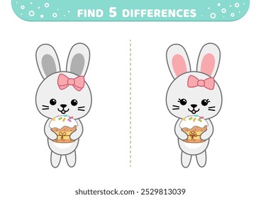 Encuentra 5 diferencias. Conejita de la muchacha de Pascua con la torta. Juego de Pascua para niños. Ilustración vectorial aislada eps 10