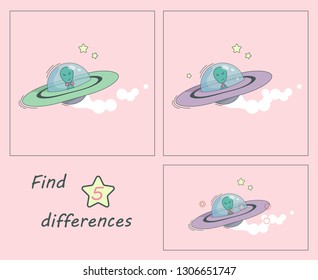 Find 5 differences education game for children. Spaceship with alien on board is on a pink background