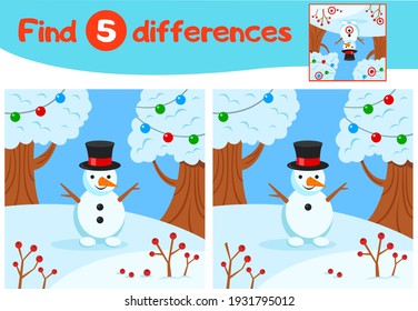 Find 5 differences education game for children, Winter landscape, snowman in black hat, Vector illustration