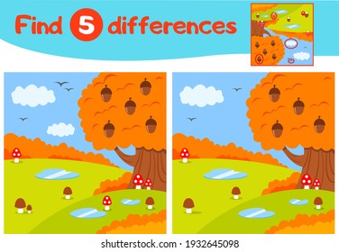 Find 5 differences education game for children, Autumn landscape, mushrooms in the meadow, acorns on the tree, Vector illustration