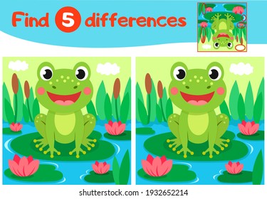 Find 5 differences education game for children, green frog sits in a swamp on a water lily,Vector illustration 