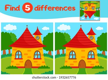 Find 5 differences education game for children, a yellow house with a red roof stands in a clearing, Vector illustration