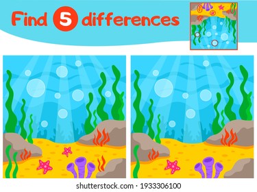 Find 5 differences education game for children, undersea world, green algae and shells, red algae, gray stones, yellow sand, Vector illustration