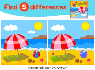 Find 5 differences education game for children, yellow beach and blue sea, sun in the clouds, red beach umbrella, the mountains, starfish, Vector illustration