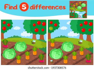 Encontrar 5 diferencias de juego educativo para niños, cosecha agrícola, camas, col, zanahorias, remolacha, manzanas rojas, abejas, ilustración vectorial 