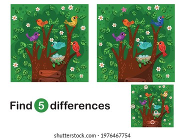 Find 5 differences education game for children. Colorful cartoon birds on the tree. Educational game for kids. Vector illustration.