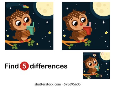 Find 5 differences education game for children, owl in the night. Vector illustration.