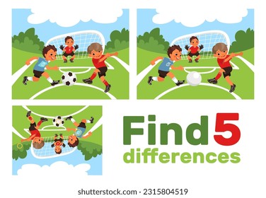 Finden Sie 5 Unterschiede. Erziehungsspiel für Kinder. Kinder spielen Fußball auf dem Sportplatz. Arbeitsblatt mit korrekter Antwort. Fußballspiel. Aufgabe des Gehirns. Puzzleteile