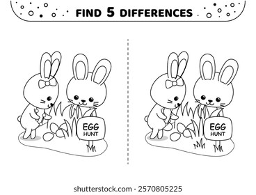 Find 5 differences. Egg hunt with bunnies. Blackand white game for kids. Printable isolated vector illustration eps 10