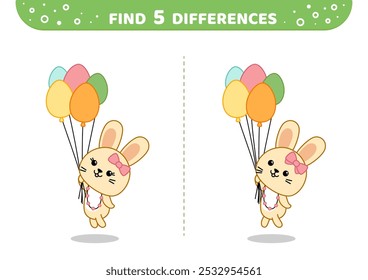 Find 5 differences. Flying rabbit by balloons. Easter game for kids. Isolated vector illustration eps 10