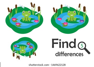Find 5 differences, game for children, pond with frog in cartoon style, education game for kids, preschool worksheet activity, task for the development of logical thinking, vector illustration