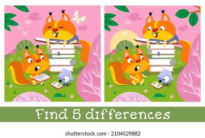 Find 5 differences. Game for children. Cute squirrels read in spring meadow. Hand drawn full color children illustration. Vector flat cartoon picture.