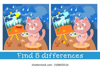 Find 5 differences. Game for children. Kitten artist draws landscape. Character in cartoon style on summer background. Vector full color illustration.