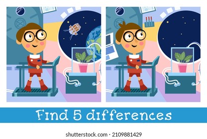 Find 5 differences. Game for children. Boy astronaut on space station. Characters in cartoon style. Vector full color illustration.
