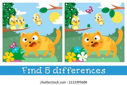 Find 5 differences. Game for children. Кitten saw butterfly in yard. Character in cartoon style on summer background. Vector full color illustration.