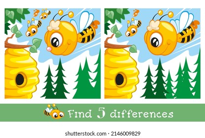 Find 5 Differences. Game For Children. Swarm Of Cute Bees Fly Into Hive. Bee Character In Cartoon Style On Summer Background. Vector Full Color Illustration.