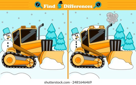 Find 5 differences game for children with track-type tractor or bulldozer