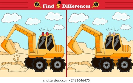 Find 5 differences game for children with yellow track-type excavator