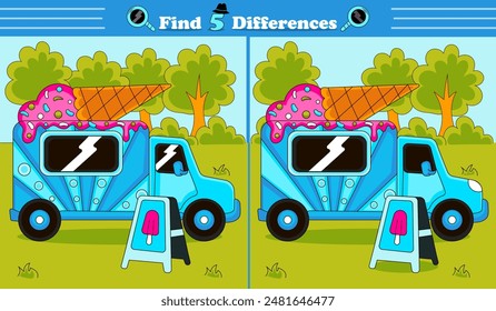Find 5 differences game for children with ice cream truck