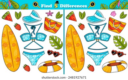 Find 5 differences game for children with summer themed objects, cute blue beach swimsuit, printable game for kids