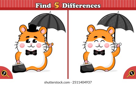 Encontrar 5 diferenças jogo para crianças - bonito cavalheiro hamster personagem com guarda-chuva, animal temático atividade imprimível para crianças