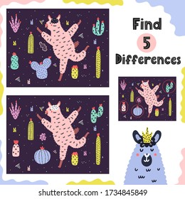 Find 5 differences game for kids with funny alpaca. Spot the differences educational activity worksheet for toddlers with solution. Vector illustration