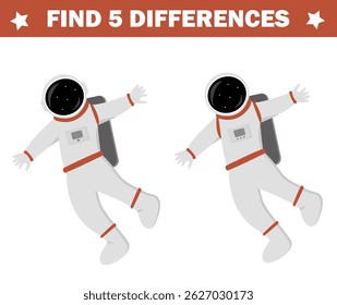 Find 5 differences. Game for kids. Print activity page. Astronaut a space suit. Visual puzzle for children. Easy entertainment.