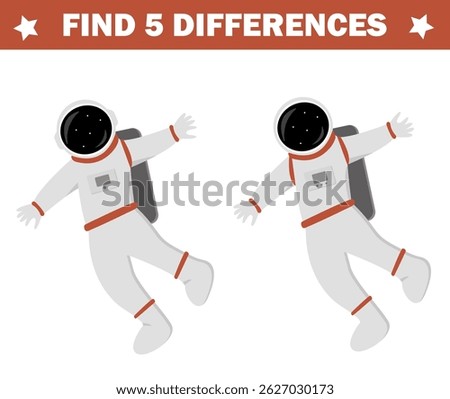 Find 5 differences. Game for kids. Print activity page. Astronaut a space suit. Visual puzzle for children. Easy entertainment.