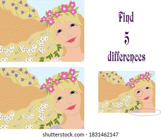 Encuentra 5 diferencias. Retrato de chica. 
 En el pelo de la chica hay patrones de flores. La chica sonríe. 
Ilustración para niños. 
Colores claros.