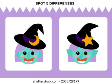 Find 5 Differences. Happy Halloween game. Witch Education Game for Children. Worksheet for kids.