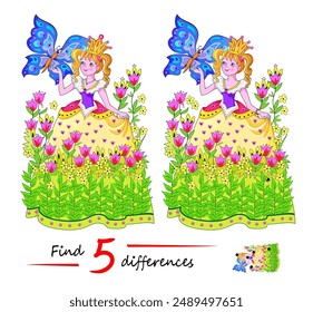 Find 5 differences. Illustration of cute little princess playing with butterfly. Logic puzzle game for children and adults. Educational page for kids brain teaser book. Flat vector drawing.