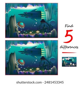 Find 5 differences. Illustration of fantasy journey on an alien planet in the universe. Logic puzzle game for children and adults. Educational page for kids brain teaser book. Vector drawing.