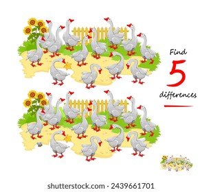 Find 5 differences. Illustration of a flock of geese in a farmyard. Logic puzzle game for children and adults. Page for kids brain teaser book. Developing to counting skills. Vector cartoon drawing.