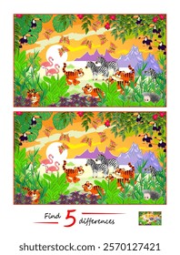 Find 5 differences. Illustration of funny animals in the tropical jungle forest. Logic puzzle game for children and adults. Page for kids brain teaser book. Vector drawing.