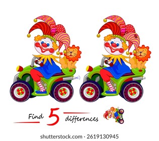 Encontre 5 diferenças. Ilustração do engraçado palhaço sorridente montando uma scooter. Jogo de quebra-cabeça de lógica para crianças e adultos. Página para crianças livro teaser cérebro. Desenho de vetor plano.