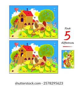 Find 5 differences. Illustration of a mom hen with her chicks in a spring garden. Logic puzzle game for children and adults. Page for kids brain teaser book. Flat vector drawing.