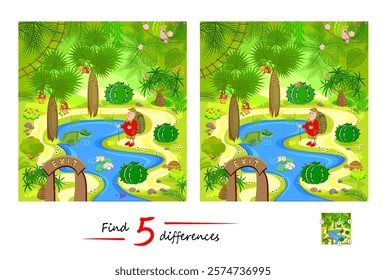 Find 5 differences. Illustration of a tourist walking in exotic rain forest park. Logic puzzle game for children and adults. Page for kids brain teaser book. Flat vector drawing.