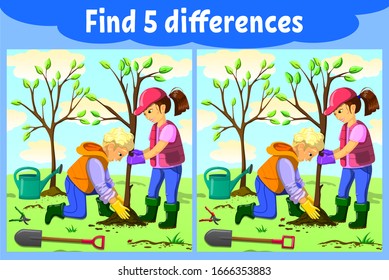 
Find 5 differences. Interactive game for children for attention and logic. People plant trees. Colorful picture on the theme of ecology. Vector and illustration.