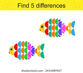 Find 5 differences. Logic puzzle game for kids. Cartoon cute fishes. 
