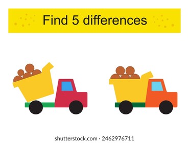 Find 5 differences. Logic puzzle game for kids. Cartoon dump truck
