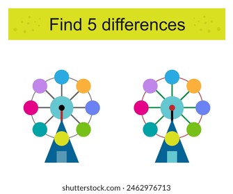 Find 5 differences. Logic puzzle game for children. Preschool worksheet activity. Cartoon Ferris wheel.
