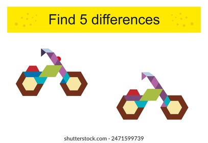 Find 5 differences. Logic puzzle game for kids. Cartoon bike. Preschool worksheet activity.