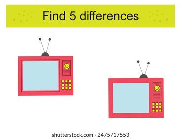 Encuentra 5 diferencias. Juego de rompecabezas de lógica para niños. Caricatura de TV retro. Actividad de hoja de trabajo preescolar.