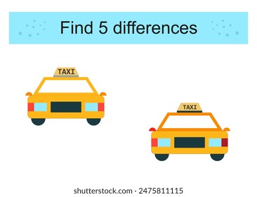 Find 5 differences. Logic puzzle game for kids. Cartoon taxi. Preschool worksheet activity.