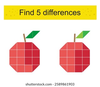 Find 5 differences. Logic puzzle game for children. Preschool worksheet activity. Cartoon red apple.